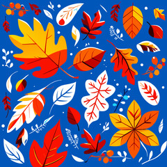 Autumn leaves on a blue background. Seamless pattern. Generative AI