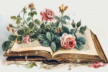 Watercolor rose flowers stack books illustration on white background
