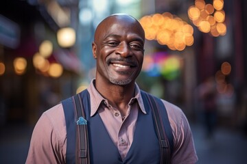 Portrait of a tender afro-american man in his 50s dressed in a breathable mesh vest against a vibrant market street background. AI Generation