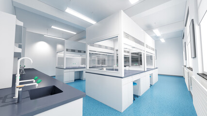 Esthetic and clean modern laboratory full of chemistry equipment. Future analytic biology or microbiology research lab, glass separated working areas. Medical testing room. 