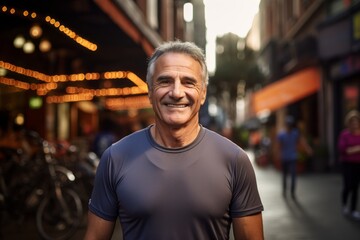 Fototapeta premium Portrait of a smiling man in his 60s sporting a breathable mesh jersey against a vibrant market street background. AI Generation