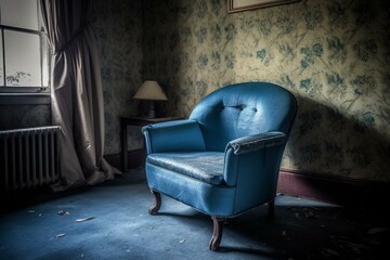 Saddened, room with blue chair. Generative AI - obrazy, fototapety, plakaty