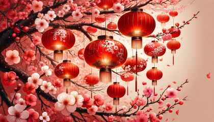 Obraz premium Chinese lanterns and cherry blossom branch on pastel background,