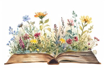 Watercolor flowers stack books illustration on white background