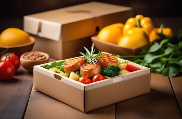 Lunch Box,Tomato Meat And Fruit For Lunch,Food Delivery,Box On The Table,Snack For Holiday,