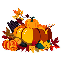 Obraz na płótnie Canvas Pumpkin and autumn leaves isolated on white background. Vector illustration. Generative AI