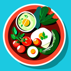 Vegetable salad with tomatoes, spinach, cucumber and egg. Vector illustration. AI Generated