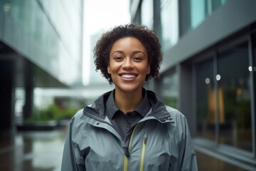Portrait of a satisfied afro-american woman in her 30s sporting a waterproof rain jacket against a...