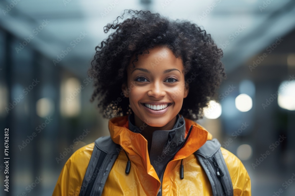 Wall mural Portrait of a satisfied afro-american woman in her 30s sporting a waterproof rain jacket against a sophisticated corporate office background. AI Generation