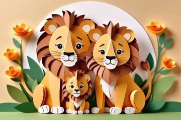Adorable paper-cut style illustration showcasing a lovable lion family surrounded by flowers.Family day and mothers day card concept.