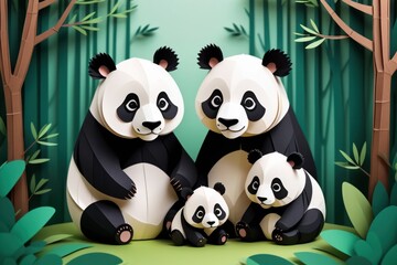 Fototapeta premium Illustration of a sweet elephant family in paper cut style, enjoying a picturesque scene in bamboo forest.Family day and mothers day card concept.