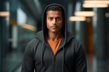 Portrait of a tender indian man in his 30s sporting a comfortable hoodie against a sophisticated corporate office background. AI Generation
