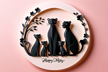 Adorable paper-cut style illustration showcasing a lovable girafe family surrounded by flowers pink backdrop.Family day and mothers day card concept.