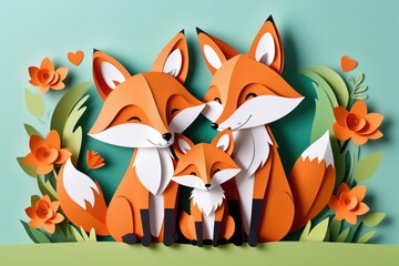 Charming paper-cut illustration featuring a sweet fox family amidst a field of colorful flowers.Family day and mothers day card concept.