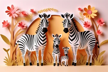 Illustration of a charming zebra family in paper cut style, set against a vibrant flower pink background.Family day and mothers day card concept.
