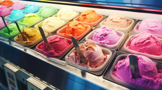 Super detailed photo of ice cream in boxes. Depth of field. Appetizing photo of food. Generative AI