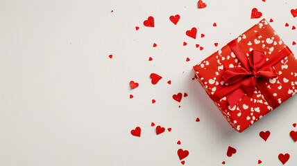 red gift with hearts and empty space on white background