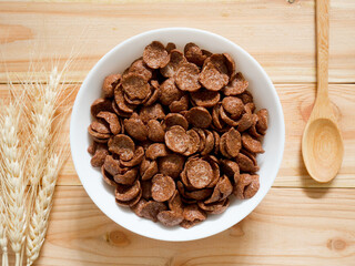 Chocolate breakfast cereal in a white bowl