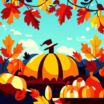 Autumn leaves and pumpkins background. Happy Thanksgiving day. Vector illustration Generative AI