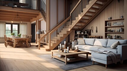 Fototapeta na wymiar Farmhouse home interior design of modern living room with wooden staircase.