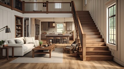 Farmhouse home interior design of modern living room with wooden staircase.