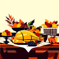 Thanksgiving dinner with turkey and pumpkins. Vector illustration in flat style AI generated
