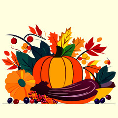 Naklejka premium Autumn composition with pumpkins, berries and leaves. Vector illustration. Generative AI