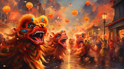Festive celebration with red Chinese lanterns, firecrackers and lion dancers performing, Folk art style, Acrylic texture, Vibrant lighting, Sunset color scheme, Closeup perspective, Extremely detailed - obrazy, fototapety, plakaty