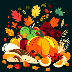 Naklejka premium Thanksgiving day vector illustration with pumpkin, turkey, apples, berries, pumpkins and autumn leaves AI Generated
