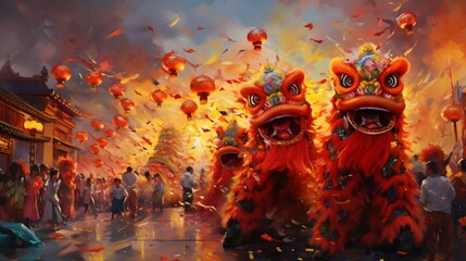 Festive celebration with red Chinese lanterns, firecrackers and lion dancers performing, Folk art style, Acrylic texture, Vibrant lighting, Sunset color scheme, Closeup perspective, Extremely detailed