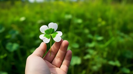 Finding Luck. Four-leaf white clover (Trifolium repens). A hand holding a four leaf clover, with green meadow in background.