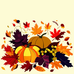 Obraz na płótnie Canvas Autumn background with pumpkins, leaves and berries. Vector illustration. AI Generated