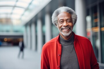 Portrait of a blissful afro-american man in his 80s showing off a thermal merino wool top against a sophisticated corporate office background. AI Generation - obrazy, fototapety, plakaty