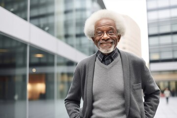 Portrait of a blissful afro-american man in his 80s showing off a thermal merino wool top against a sophisticated corporate office background. AI Generation