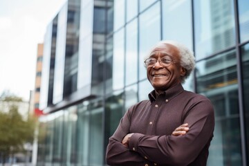 Portrait of a blissful afro-american man in his 80s showing off a thermal merino wool top against a sophisticated corporate office background. AI Generation