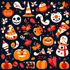 Halloween vector set with pumpkin, ghost, candies, pumpkins, witch hat. AI Generated