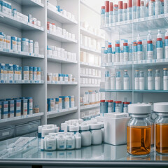 background of pharmacy shelf with rows of pill bottles and boxes, showcase of pharmaceuticals and different medication supply - genertaed by ai