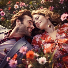 Young and Lovely Couple Embracing Nature's Beauty, Lying in a Flower Field