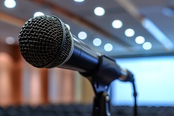 Close-up of a high-end conference microphone setup in a business seminar room