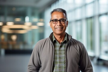 Naklejka premium Portrait of a glad indian man in his 60s wearing a comfy flannel shirt against a sophisticated corporate office background. AI Generation