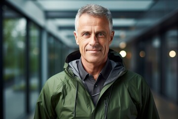 Portrait of a satisfied man in his 60s wearing a lightweight packable anorak against a sophisticated corporate office background. AI Generation