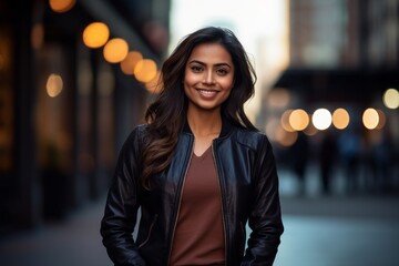 Portrait of a grinning indian woman in her 20s wearing a trendy bomber jacket against a sophisticated corporate office background. AI Generation