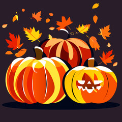 Halloween pumpkins and autumn leaves on dark background. Vector illustration Generative AI