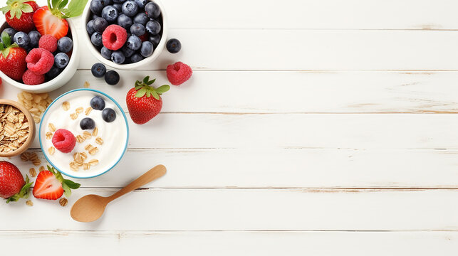 Healthy breakfast table scene with mix berries yogurts oatmeal. Top view over a white wood background.