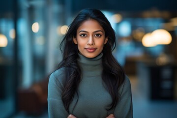 Portrait of a merry indian woman in her 20s wearing a thermal fleece pullover against a sophisticated corporate office background. AI Generation