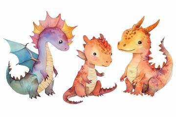 Colorful watercolor cute baby dragon character illustration on a white background