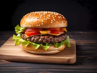 hamburger on black background comfort food | classic meal | protein | carbs | cheese | stacked | layers | patty | bun | lettuce | tomato | onion | pickle | sesame seeds | grilled | flame-broiled