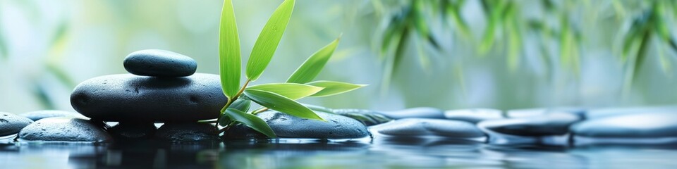 A panoramic photorealistic serene backdrop  photo view of plants and stones in a pond, featuring a soft focus in a banner poster format. Generative AI