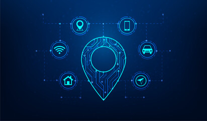 logistic location pin technology on blue background. navigator gps symbol transport digital. global pointer map concept. vector illustration hi-tech line and dot concept.