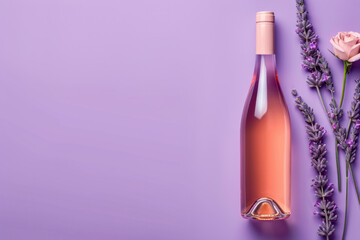 Bottle of pink wine in lavender flowers, on lilac and purple background in pastel colours. Top view...